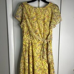 Nicole Miller Yellow Floral Tie-Waist Midi Dress